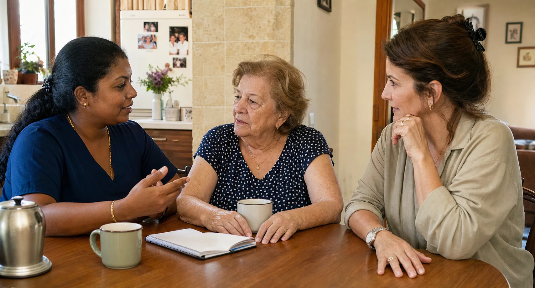 מטפלת זרה, מטופלת ישראלית ובת משפחה משוחחות יחד סביב שולחן בבית